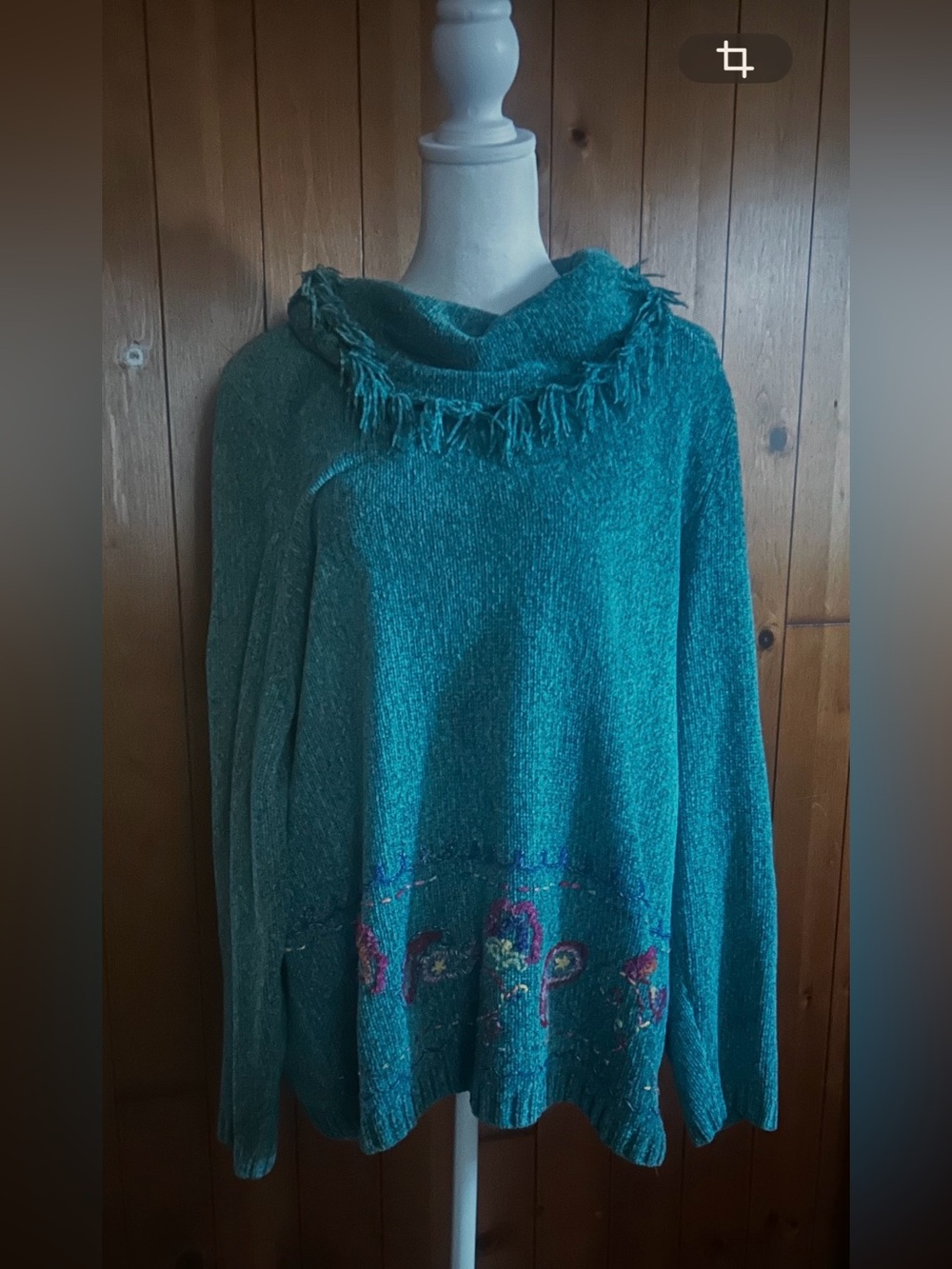 Vtg Koret Teal Fringe Cowl Neck Sweater with Embroidered Hem